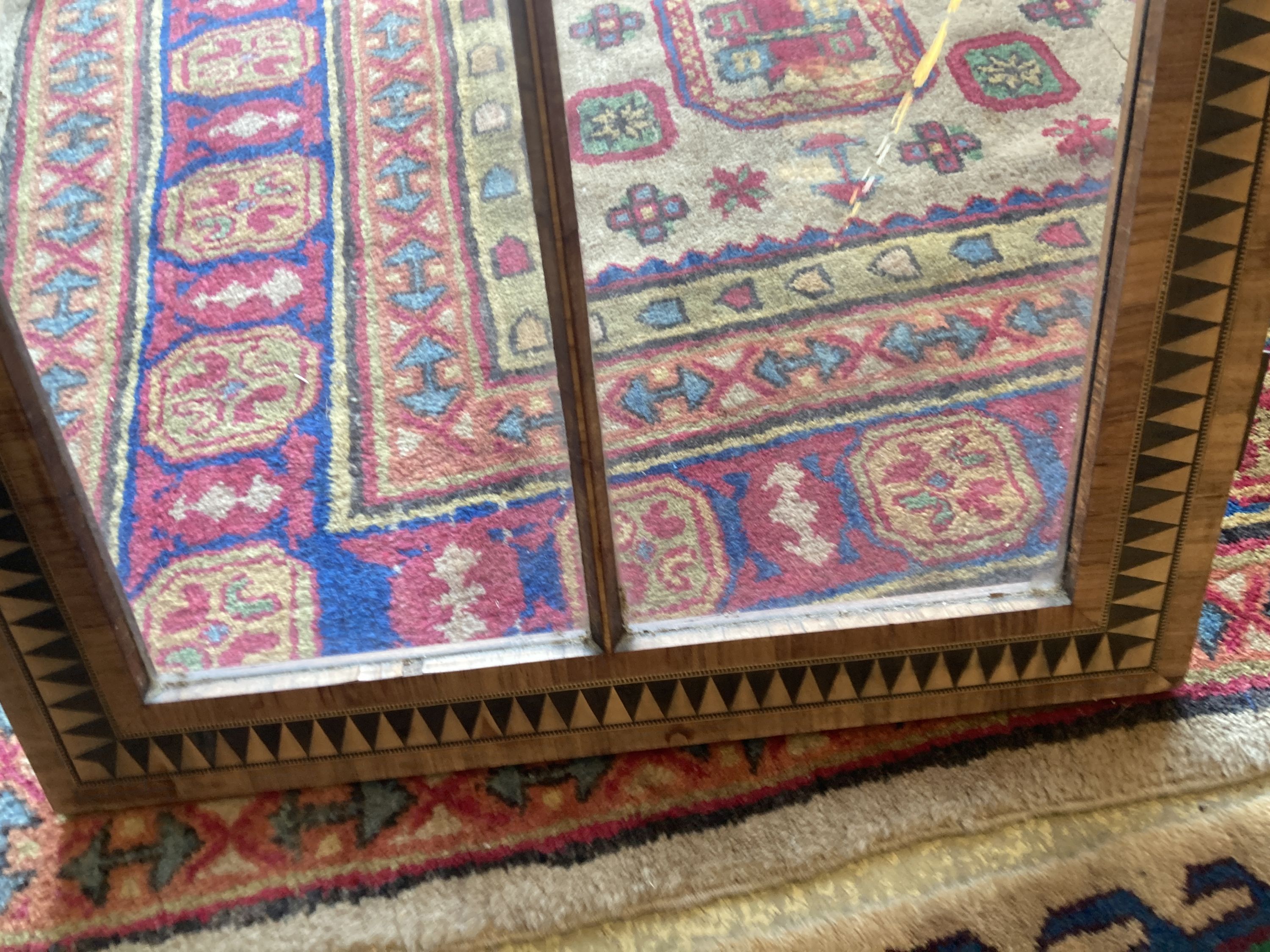 A pair of Victorian inlaid part stained glass cabinet doors, each door width 49cm, height 92cm